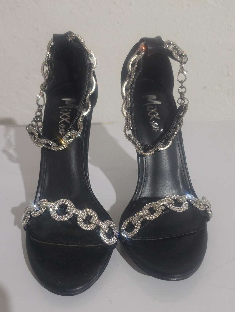 Mixx Shuz Black Crystal Chain Evening Sandals